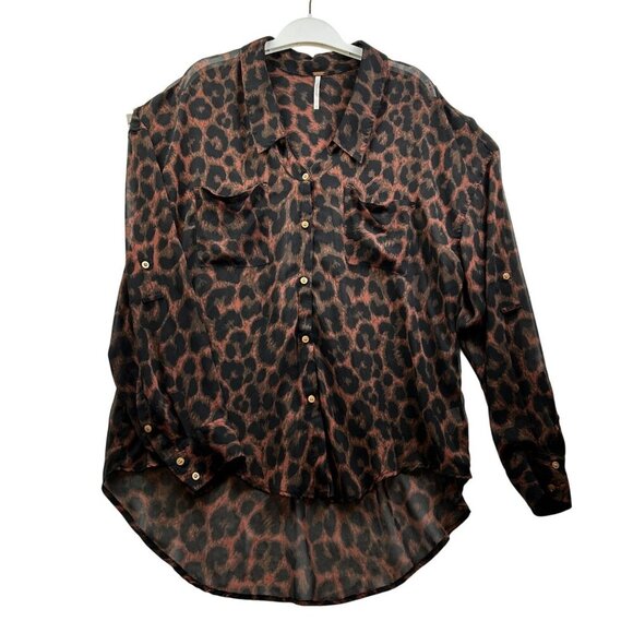FREE PEOPLE Sheer Leopard Animal Print Button-Up High-Low Long Sleeve Blouse L - Picture 1 of 8